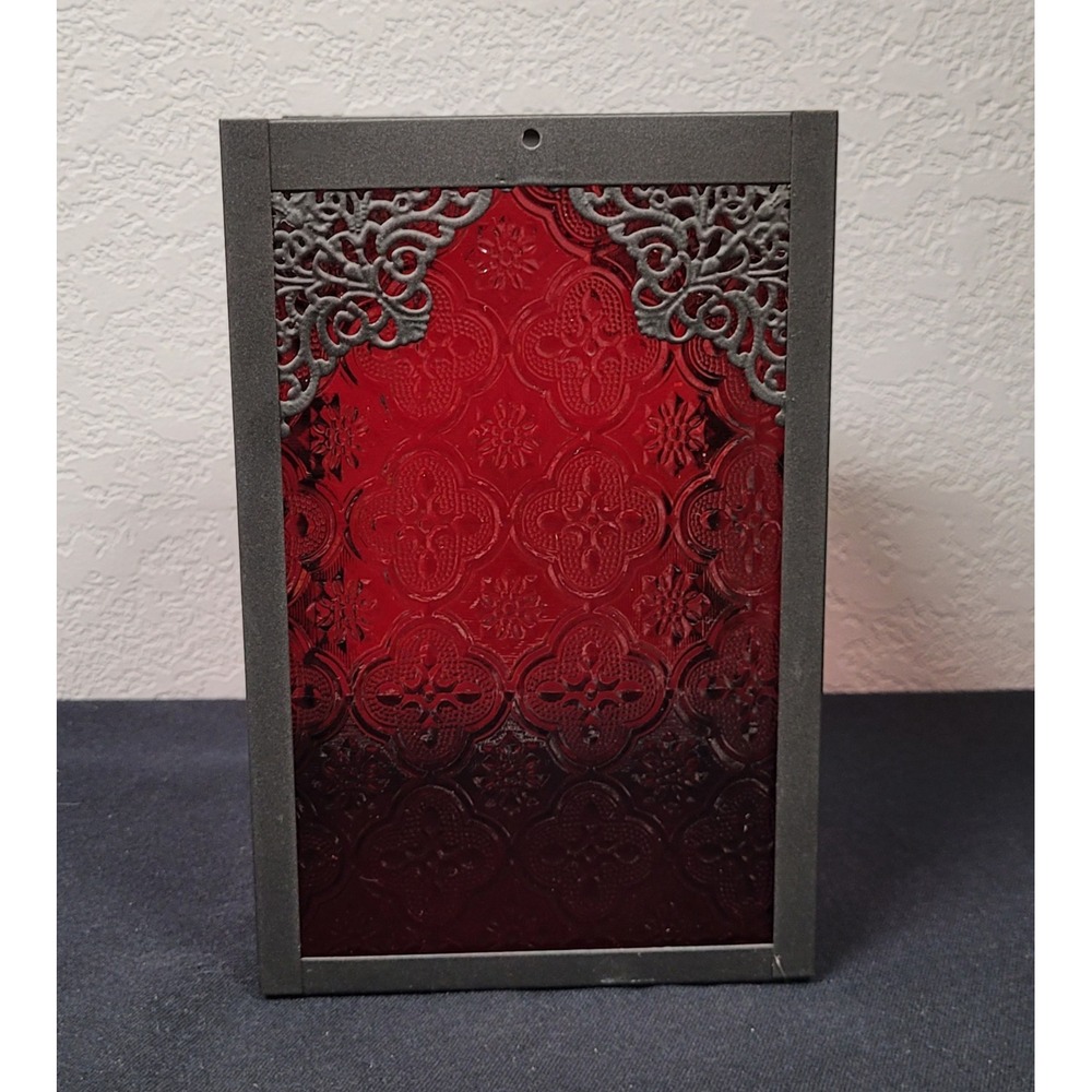 Ornate Metal & Red Textured Glass Open Top Tabletop 3x4 Pillar Candle Holder